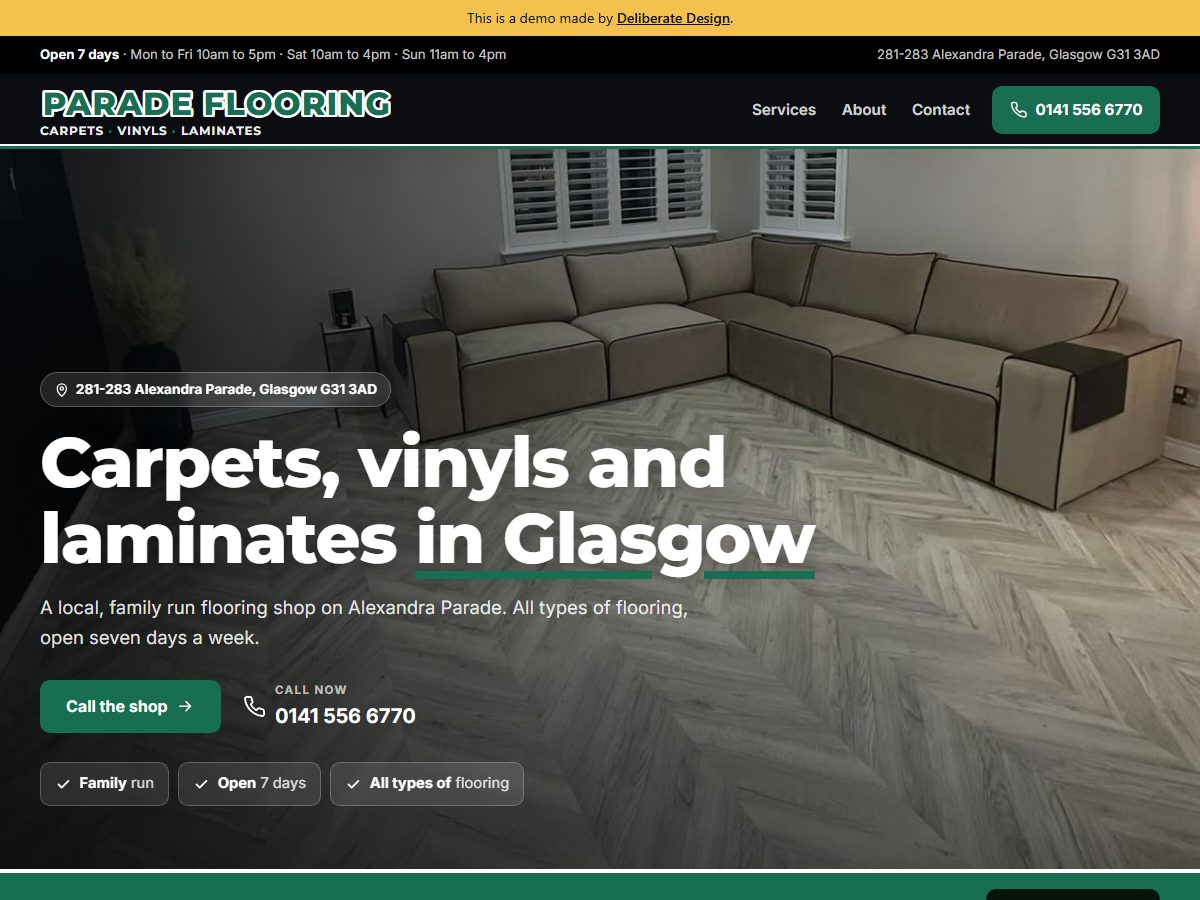 Parade Flooring website, home page